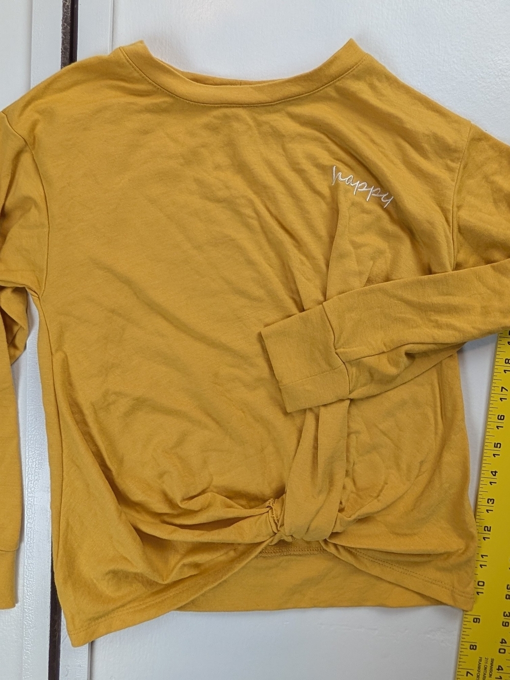Kids Mustard Twist-Hem Sweatshirt with 'happy' Embroidery